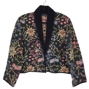 Vintage New Identity Cropped Floral Embroidered Brocade 100% Cotton Jacket, XL